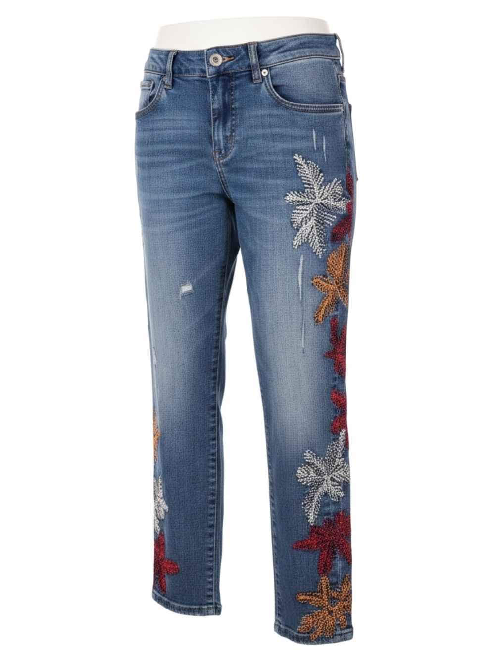 Women’s Embroidered Blue Jeans with Multicolor Floral Accents